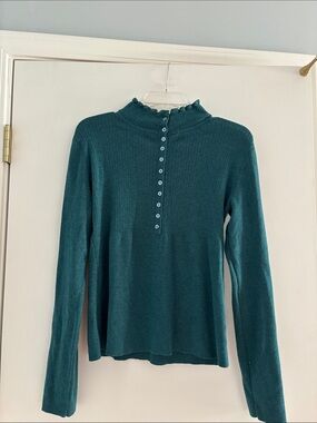 Ruffled Tape Measure Henley Knit Top - Teal Large